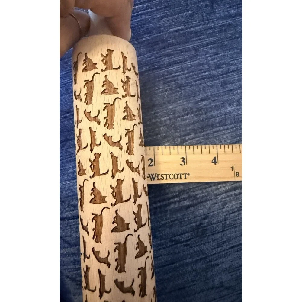 Engraved Wooden Rolling Pin With Handles Cat Pattern NEW